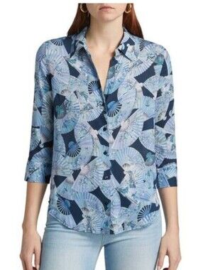 NEW L'AGENCE camille abstract fan print three-quarter-length-sleeve shirt in Blu